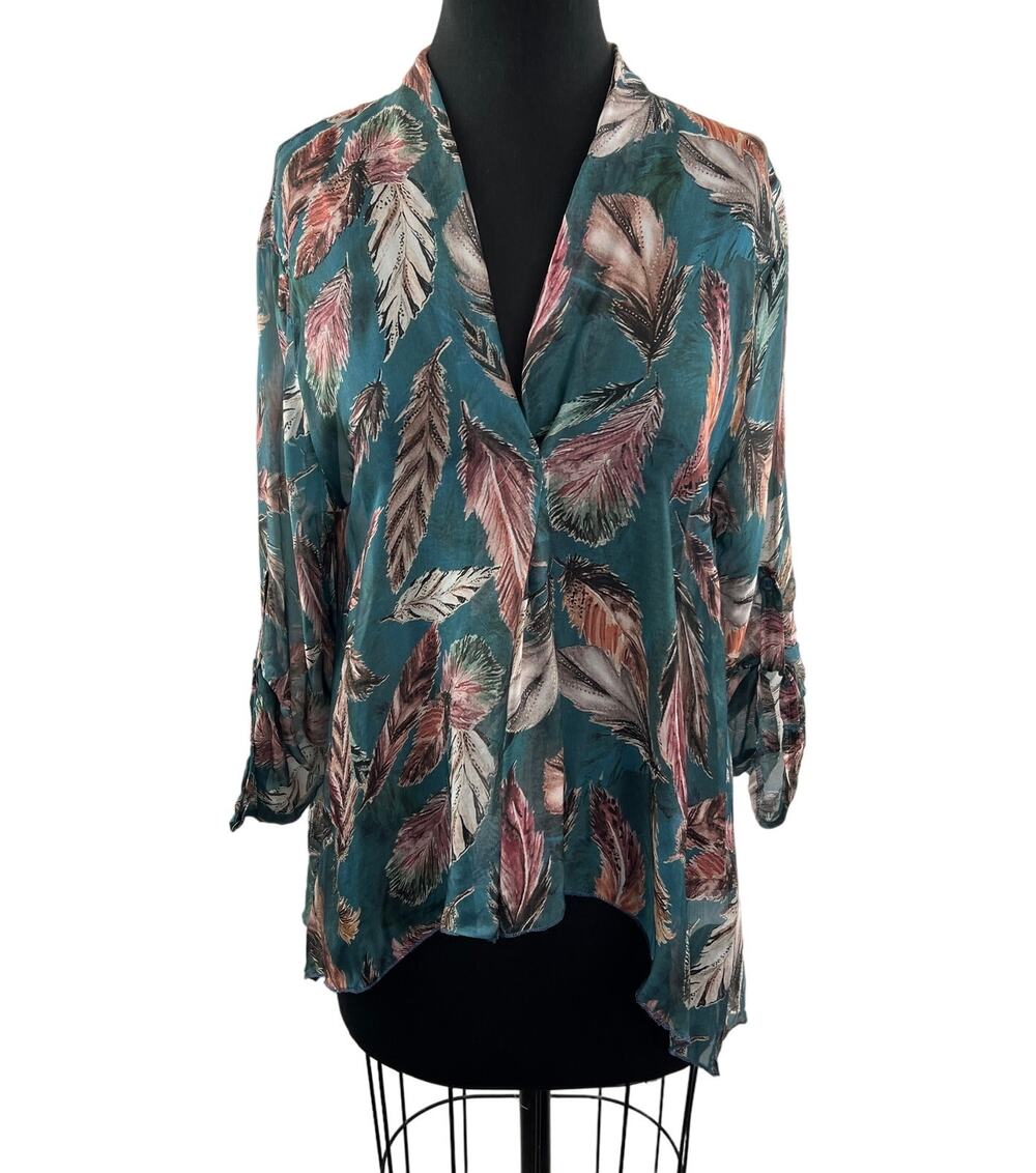 LOLA ITALY Teal Top Feather Print Surplice Button Tab Sleeve Pullover Sz L Large